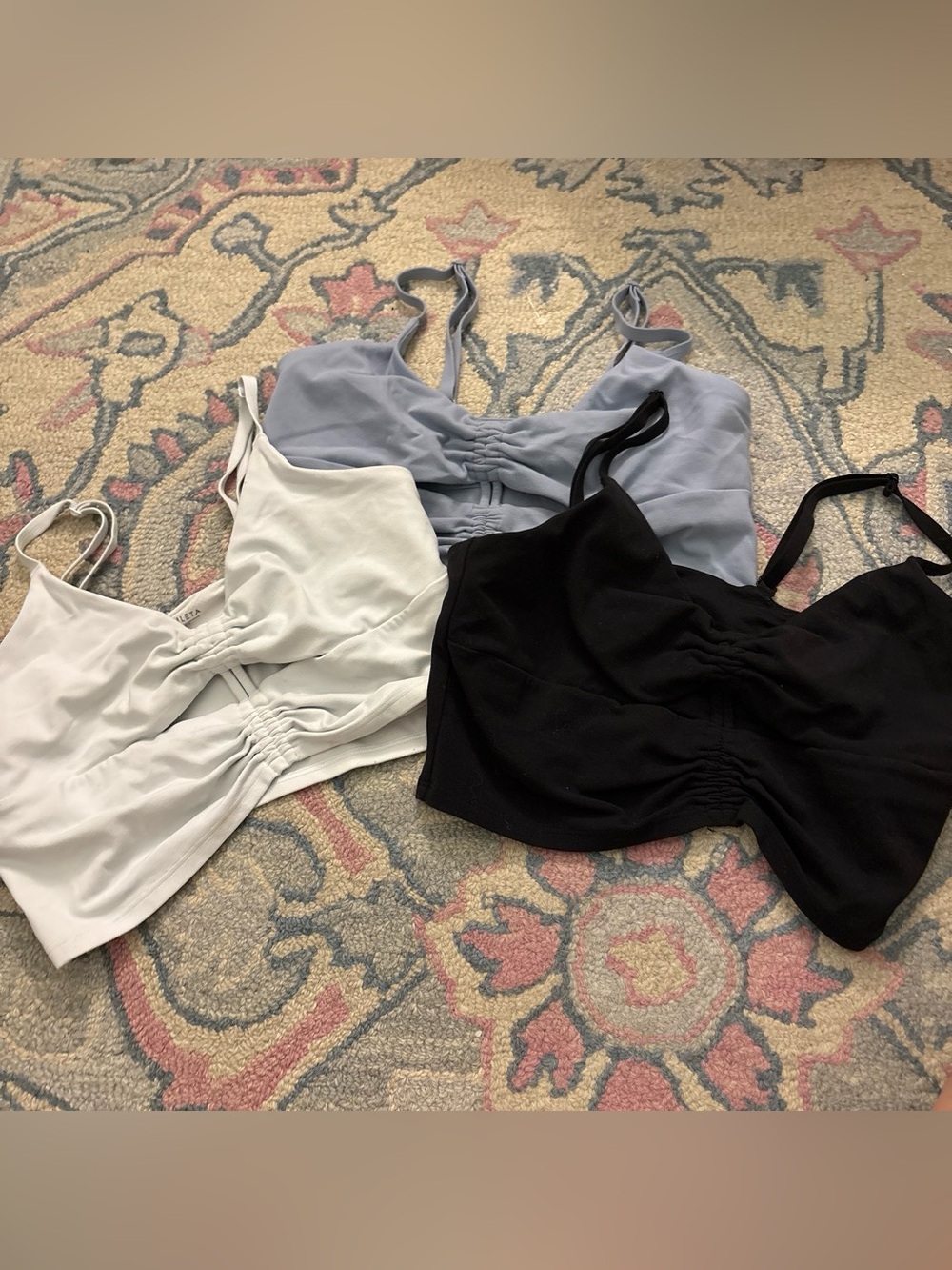 Athleta Ruched Front Camisole Trio in Black, Light Blue, White